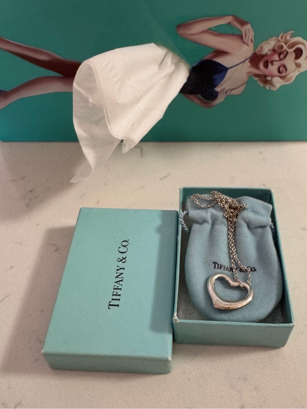 Tiffany & Co. Silver Open Heart Pendant Necklace with Blue Pouch/box .vintage